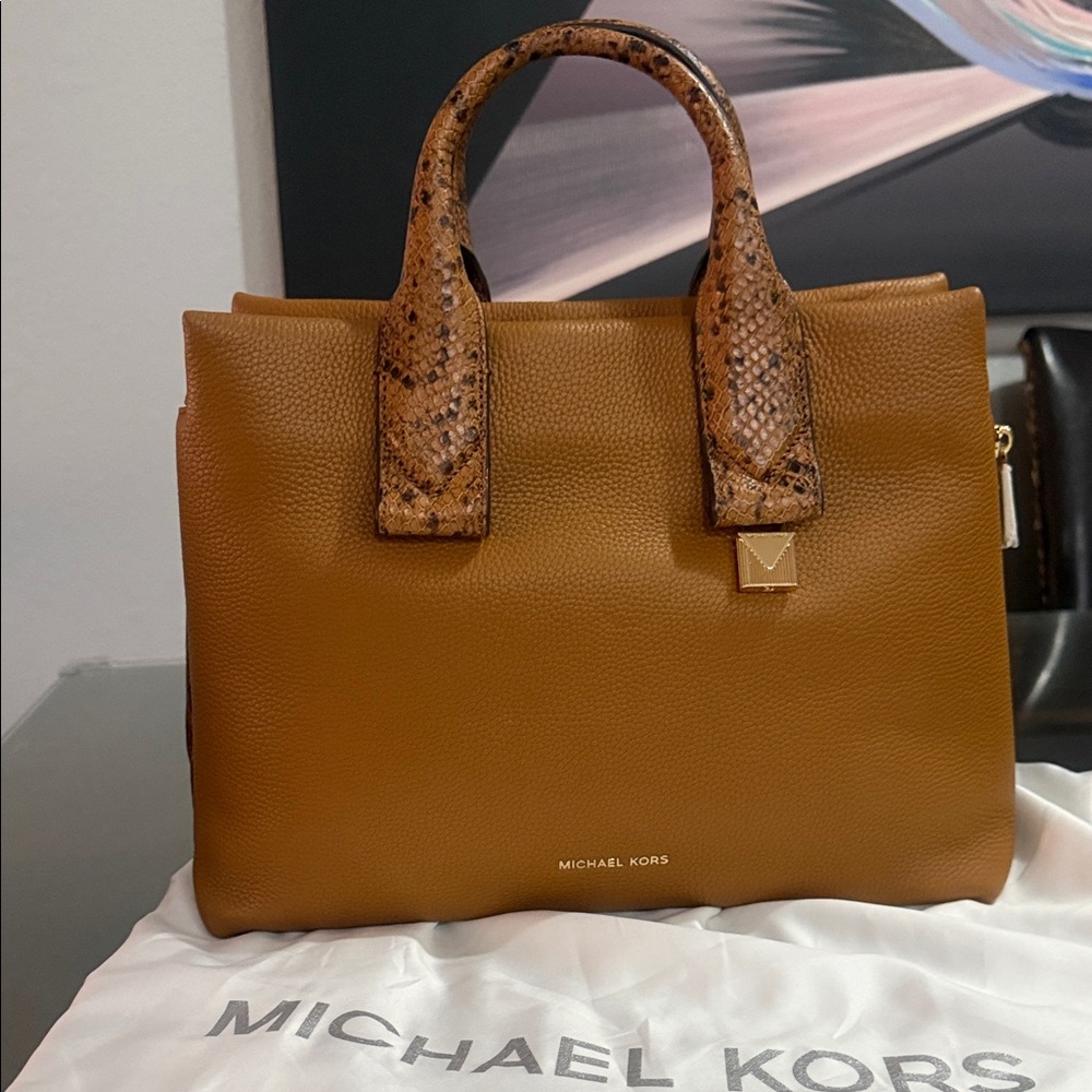 Michael Kors Tan Satchel with Snake-Patterned Handles